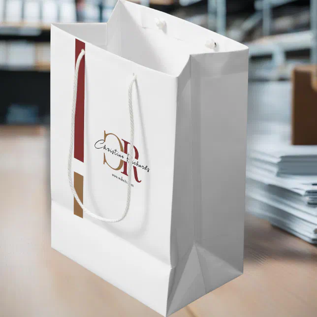 Simple Modern Burgundy Gold Monogram Medium Gift Bag