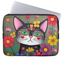 Cute Folk Art Black Cat and Flowers Laptop Sleeve