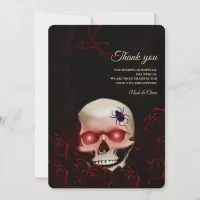 Red Black floral dark moody gothic skull Halloween Thank You Card