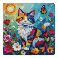 Colorful Cat and Butterfly Trivet