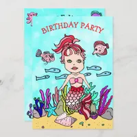 Red and Pink Mermaid Under the Sea Birthday Party Invitation