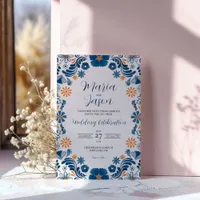 Mexican Blue Orange Floral Elegant Fiesta Wedding Invitation