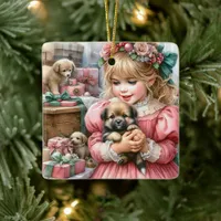 Little Vintage Girl in Pink with Puppies Christmas Ceramic Ornament