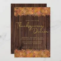 Rustic Thanksgiving Watercolor Autumn Leaves Wood Invitation