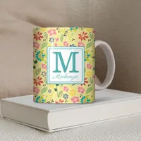 Girly Colorful Boho Spring Flowers Monogram Coffee Mug