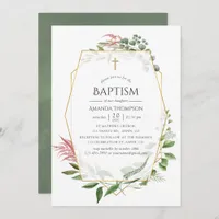 Watercolor Forest Herbarium Geometric Baptism Invitation