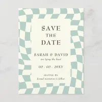 Retro Groovy Green Checkerboard Wedding Announcement Postcard