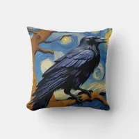 The Raven in an Old Oak Tree Starry Night Throw Pillow