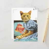 Cat With Goldfish on TV Collage Postcard