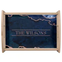 Monogram Midnight Blue Abstract Elegant Marble Serving Tray