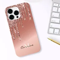 Monogram Rose Gold Side Dripping Glitter Android + Case-Mate iPhone 14 Pro Max Case