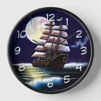 Illuminated Ship on the Ocean under the Moon Clock