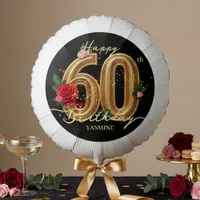 Elegant Gold 60th Birthday Black Floral Red Roses Balloon