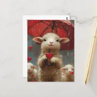 Lamb with Umbrella in Rain holding a Heart Postcard