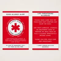 Red Food Allergy Alert Card