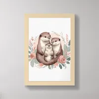 Sweet Otter Family  Sage and Dusty Rose Boho Framed Art