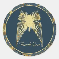 Art Deco Butterfly "Thank You" Blue Gold Marble Classic Round Sticker