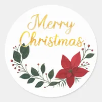 Hand Drawn Poinsettia Flower Merry Christmas  Classic Round Sticker