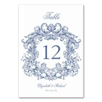 Elegant Blue Vintage Crest Script Wedding Table Number