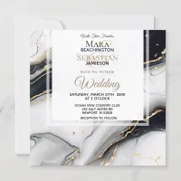 *~* AR66 White Black Gold Agate RSVP  QR Wedding Invitation