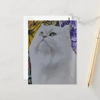 Beautiful White Cat in Flowers collage Postcard