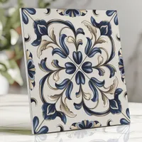 Blue and Beige Vintage Floral Scroll  Ceramic Tile