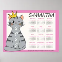 2025 Monthly Calendar Cute Pink Name Playful Cat Poster