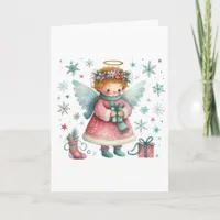 Whimsical Cute Pink and Blue Christmas Angel Card