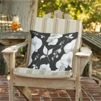 Watercolor White Orchid on Black | Outdoor Pillow