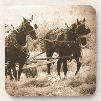 Working Amish Horses Sepia Beverage Coaster