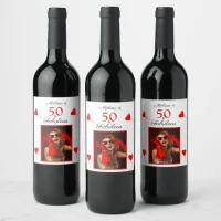 50 & Fabulous Custom Photo Name Red 50th Birthday Wine Label