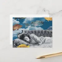 Vintage Lady Sleeping in Ocean of Clouds and Fish Postcard