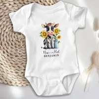 Cute Cow Sunflowers Personalized New To The Herd  Baby Bodysuit
