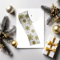 White Gold Snowflake Winter Sparkle Pattern Satin Ribbon