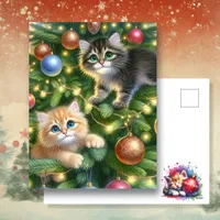 Cute Kittens in the Christmas Tree  Holiday Postcard