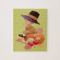 Vintage Pilgrim Boy Praying on Pumpkin Jigsaw Puzzle