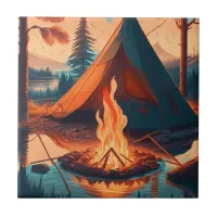 Tent and Campfire Vintage Colors Art Ceramic Tile