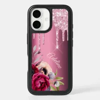 Pink glitter drip burgundy metallic flowers name iPhone 16 case