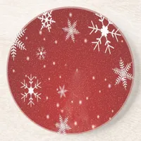 White Snowflakes with Red Background Drink Coaster