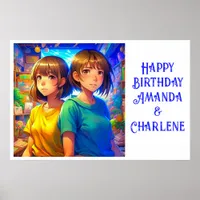 Twin's Happy Birthday Banner Anime Themed Poster