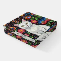 White Cat in Colorful Folk Art Flowers Paperweight
