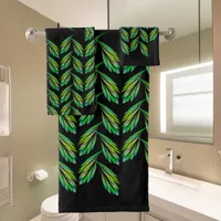 Neon green leaves - fractal art, bath towel set