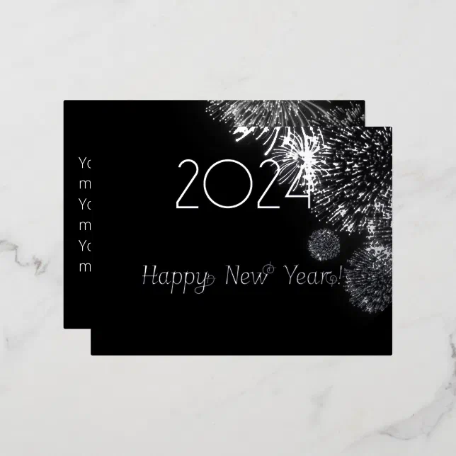 Black and white fireworks - happy new year 2024 foil holiday postcard