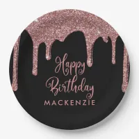 Black and Rose Gold Sparkle Glitter Drips Birthday Paper Plates