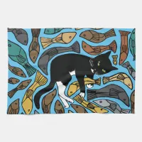 Cat and fish greeting tea towel unusual