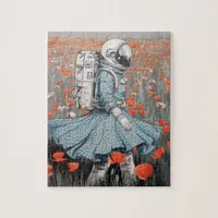  an astronaut in a blue dress walking in poppies jigsaw puzzle