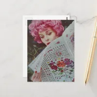 Retro 1950s Era Pretty Pink Hair Lady Postcard