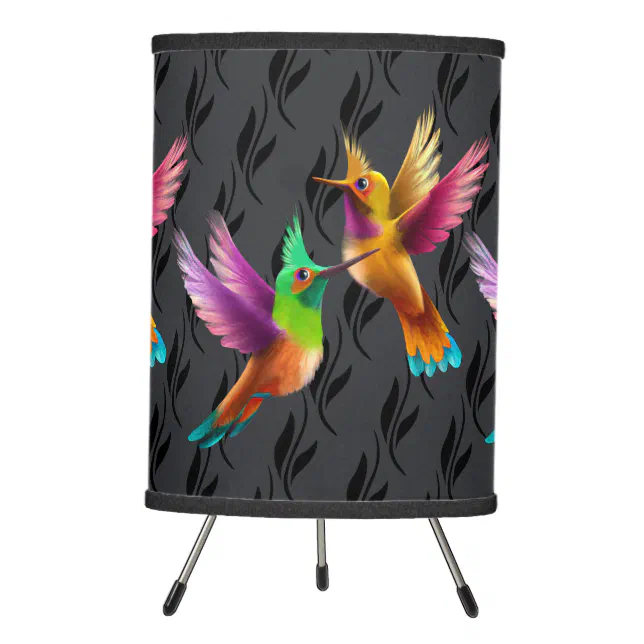 Colorful Crested Hummingbirds in Flight Tripod Lamp