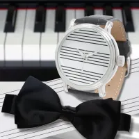 Music Manuscript Lines Stylish Stripes Black White Watch