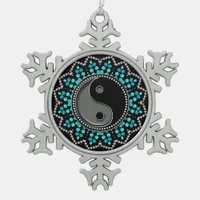 Balance YinYang Aqua Black New Age Sparkle Snowflake Pewter Christmas Ornament